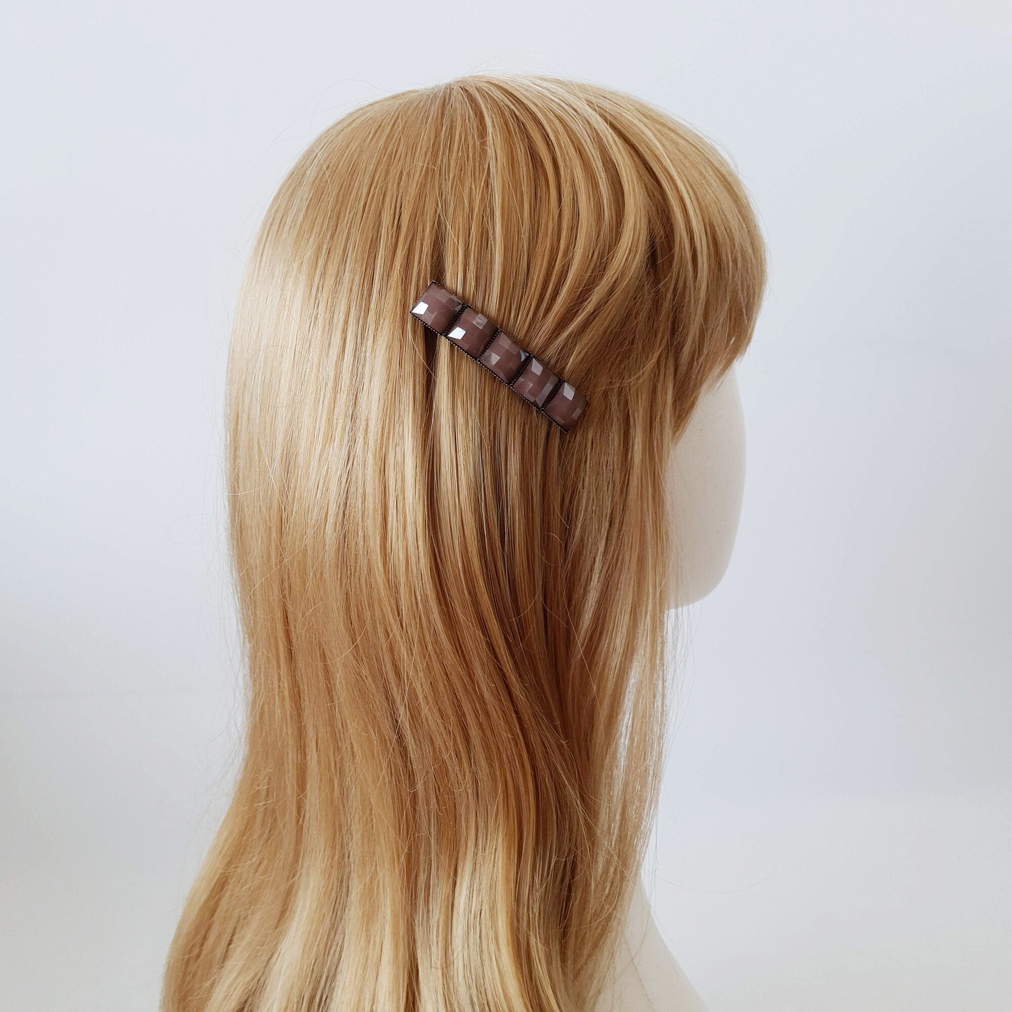 Square Formica Hair Barrette (2.4 Inch) / Diamond Cut Formica Stone Barrette / Vintage Antique Hair Accessory / Automatic Hair Pin