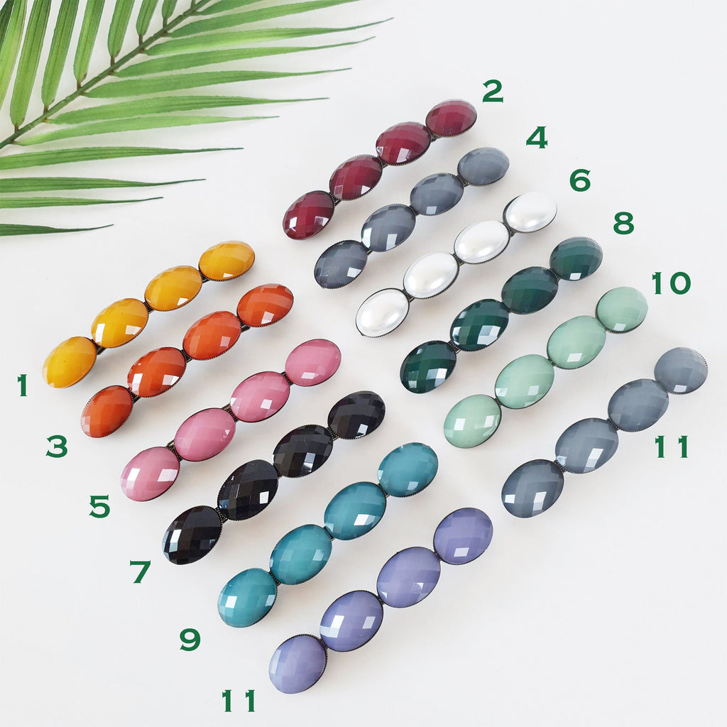 Big Oval Formica Hair Barrette (4.0 Inch) / Diamond Cut Formica Stone Decorated Barrette / Automatic Hair Pin