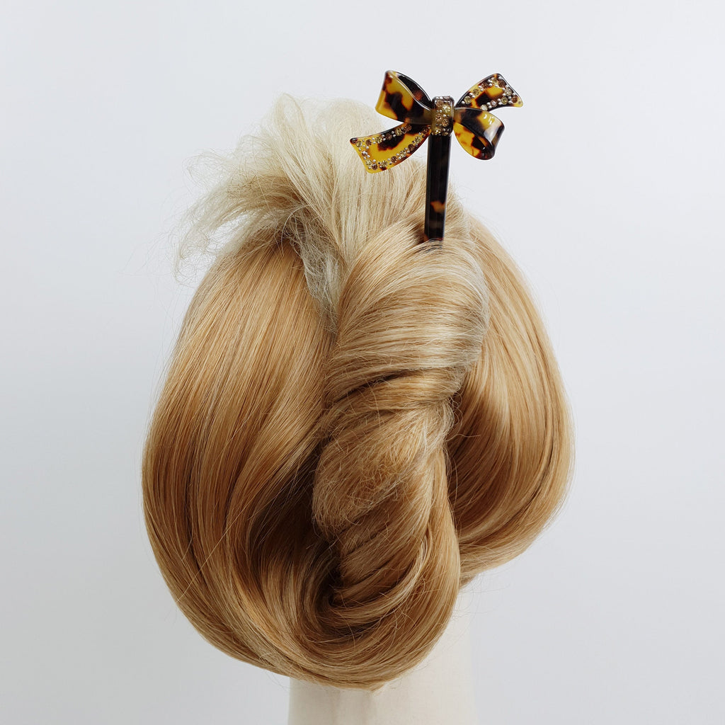 Leopard Double Ribbon Long Hair Stick with Cubic (7.3 Inch) / Tortoise Shell French Hair Pin / Hair Fork for Thick Hair