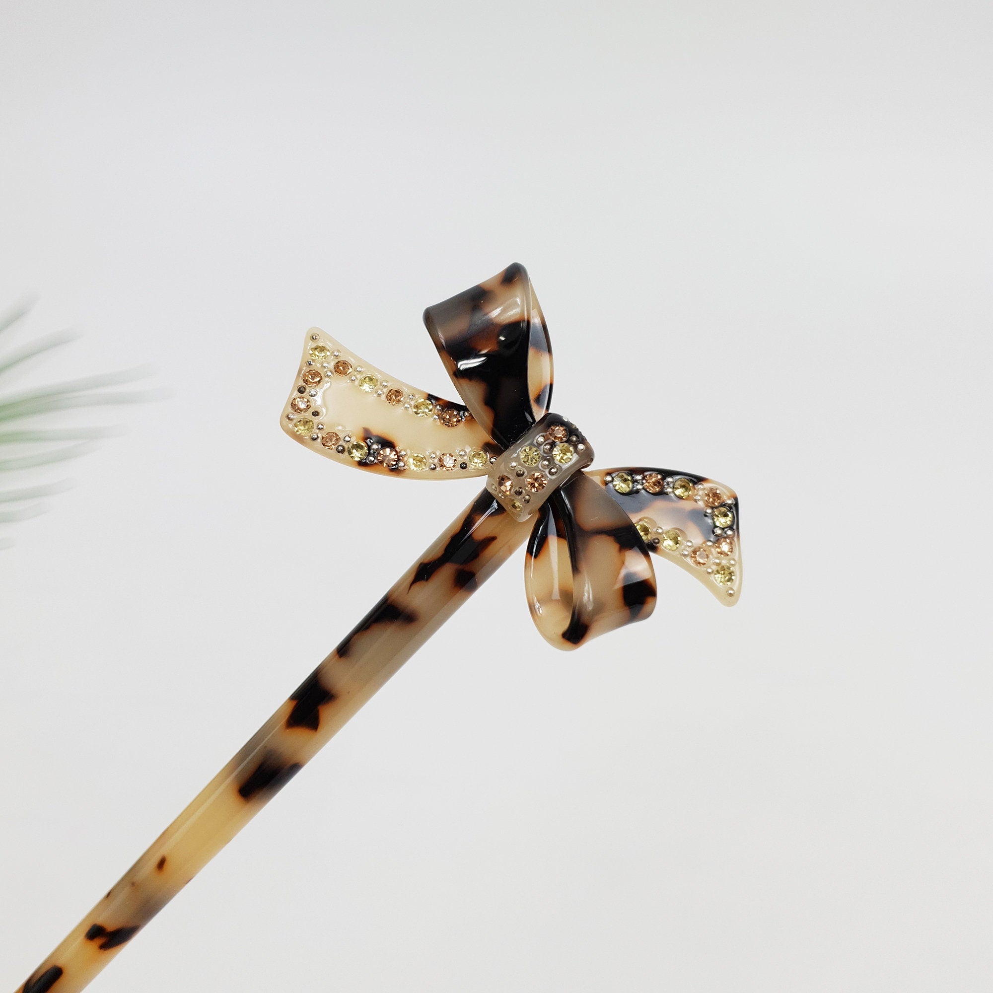 Leopard Double Ribbon Long Hair Stick with Cubic (7.3 Inch) / Tortoise Shell French Hair Pin / Hair Fork for Thick Hair