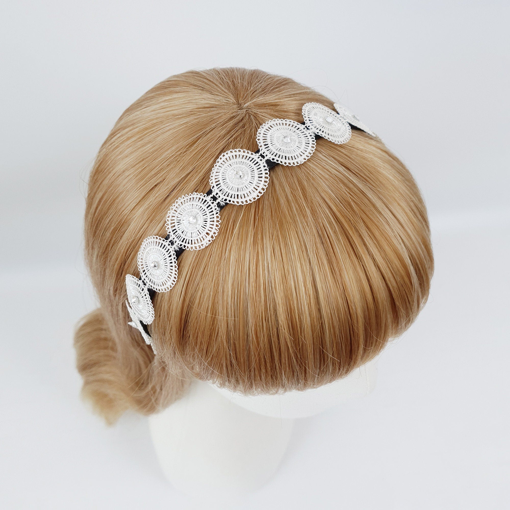 Round Cubic Embroidery Lace Thin Headband (1.0 Inch) / Fashionable Turban Bandanna / Hair Accessory for Woman