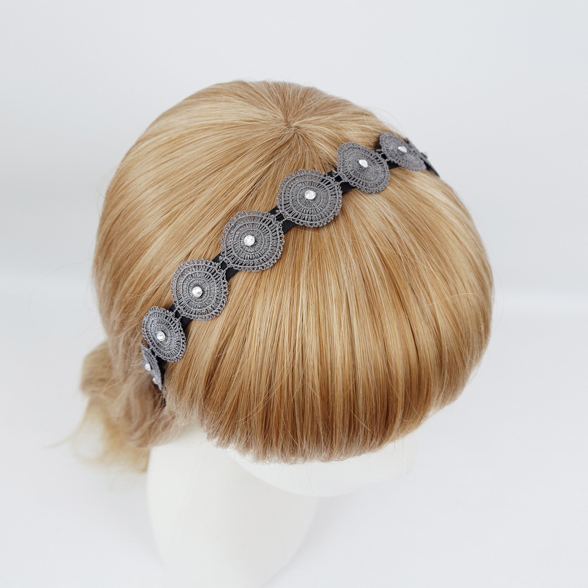 Round Cubic Embroidery Lace Thin Headband (1.0 Inch) / Fashionable Turban Bandanna / Hair Accessory for Woman