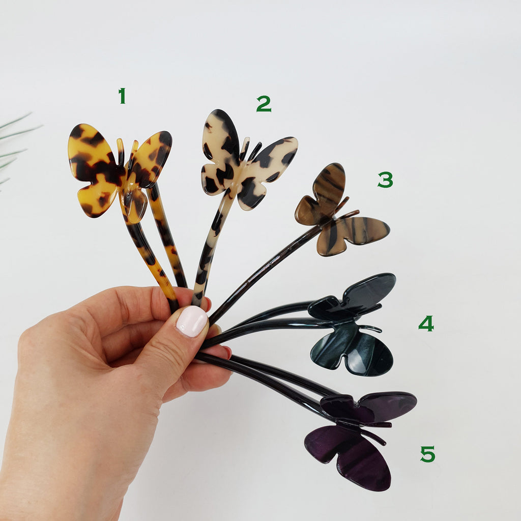 Leopard Two Color Butterfly U Shape Hair Stick (5.0 Inch) / Tortoise Marble French Hair Fork Comb / Hair Clasp for Woman