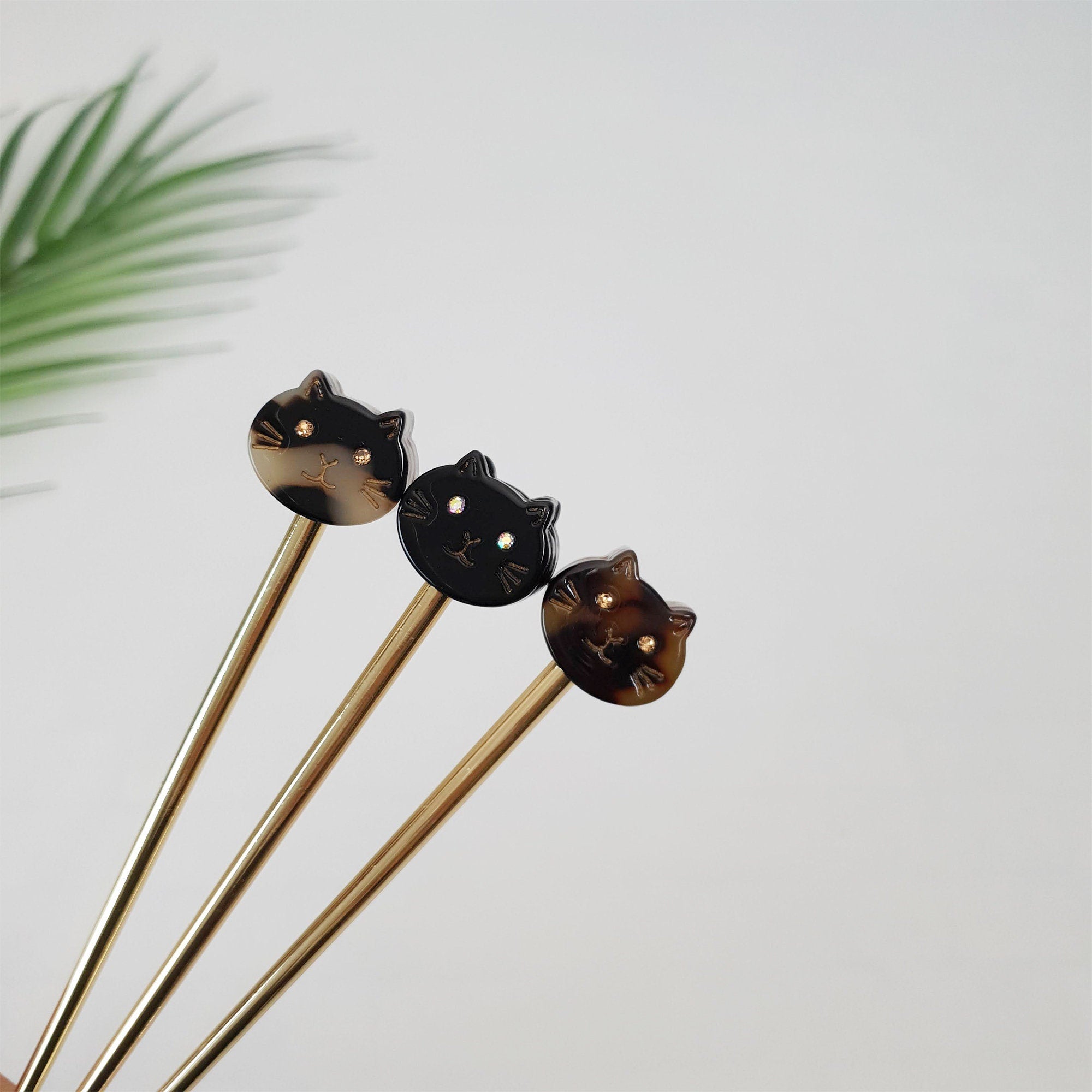 Chic Cat Metal Hair Stick (6.0 Inch) / Tortoise Shell French Hair Pin / Cute Fork Comb / Hair Clasp for Woman
