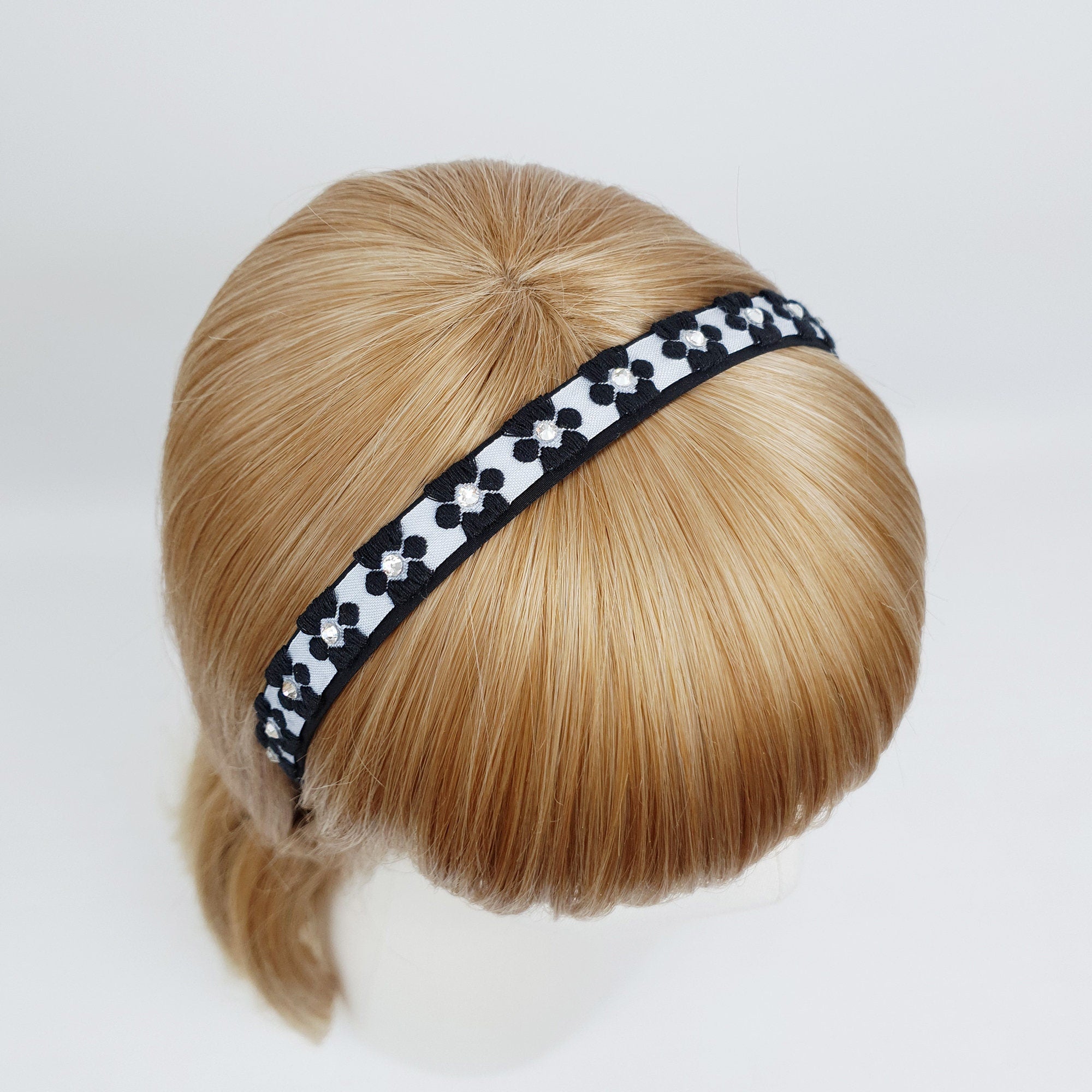 Embroidery Flower Thin Headband with Cubic (0.6 Inch) / Simple Line Turban Bandanna / Floral Headband