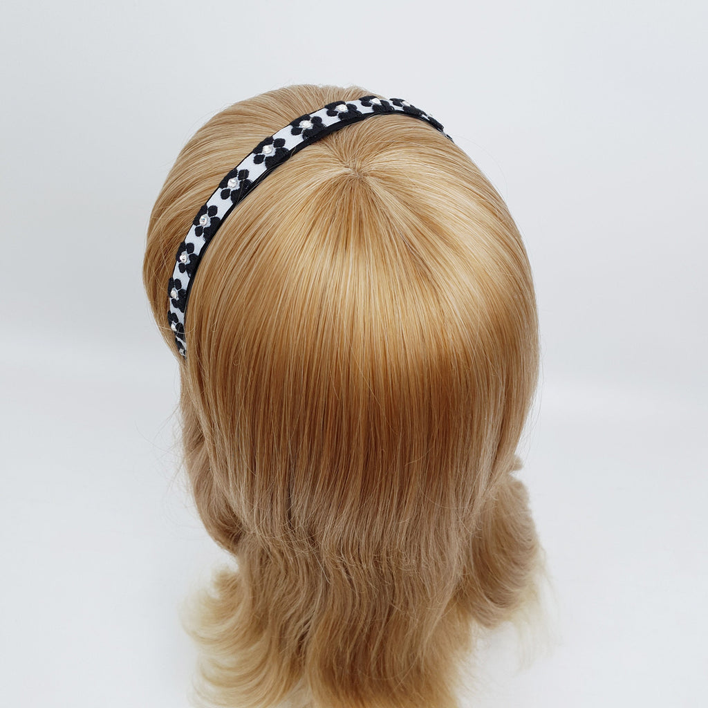 Embroidery Flower Thin Headband with Cubic (0.6 Inch) / Simple Line Turban Bandanna / Floral Headband