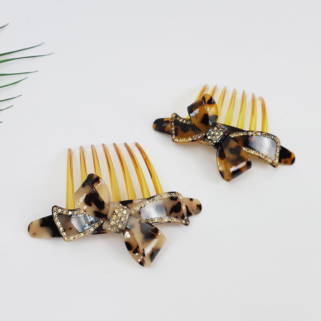 Leopard Big Double Ribbon Long Leg Nonslip Hair Comb Pin / Tortoise Marble French Hair Pin with Cubic Stone / Hair Fork for Woman