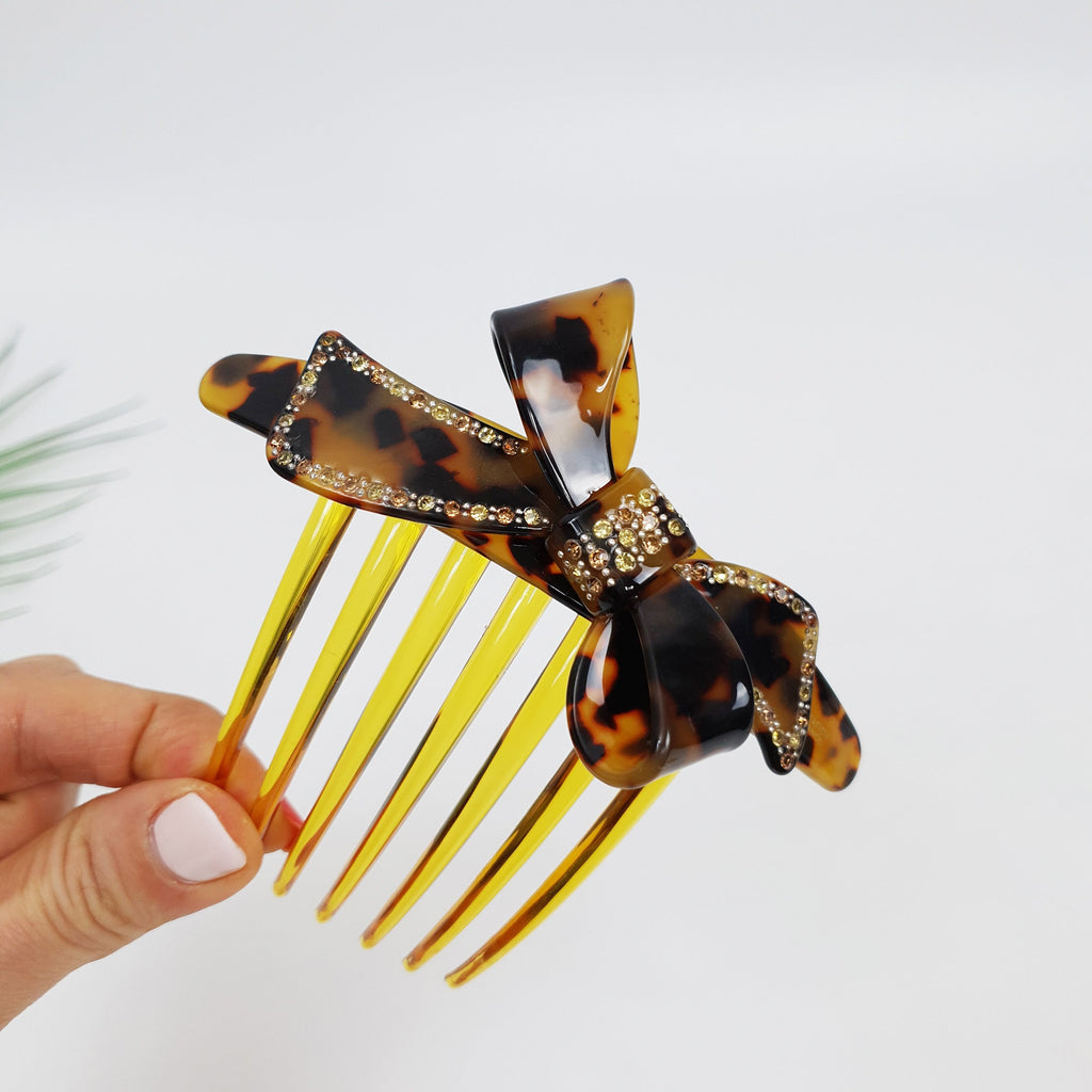 Leopard Big Double Ribbon Long Leg Nonslip Hair Comb Pin / Tortoise Marble French Hair Pin with Cubic Stone / Hair Fork for Woman