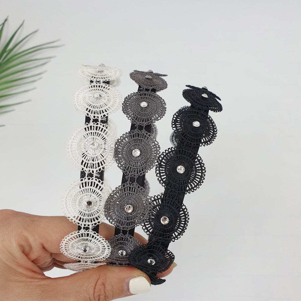 Round Cubic Embroidery Lace Thin Headband (1.0 Inch) / Fashionable Turban Bandanna / Hair Accessory for Woman