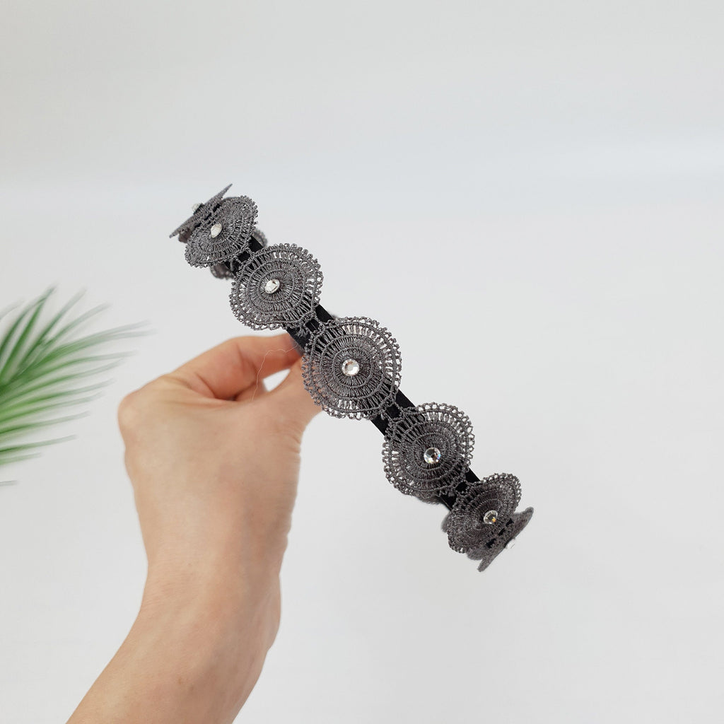 Round Cubic Embroidery Lace Thin Headband (1.0 Inch) / Fashionable Turban Bandanna / Hair Accessory for Woman