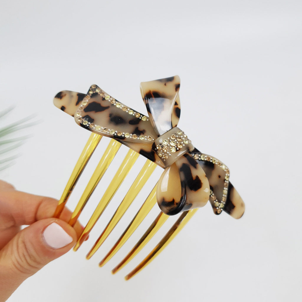Leopard Big Double Ribbon Long Leg Nonslip Hair Comb Pin / Tortoise Marble French Hair Pin with Cubic Stone / Hair Fork for Woman