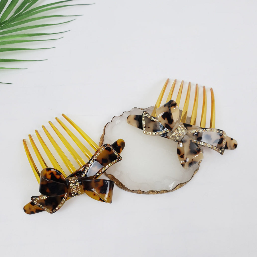 Leopard Big Double Ribbon Long Leg Nonslip Hair Comb Pin / Tortoise Marble French Hair Pin with Cubic Stone / Hair Fork for Woman