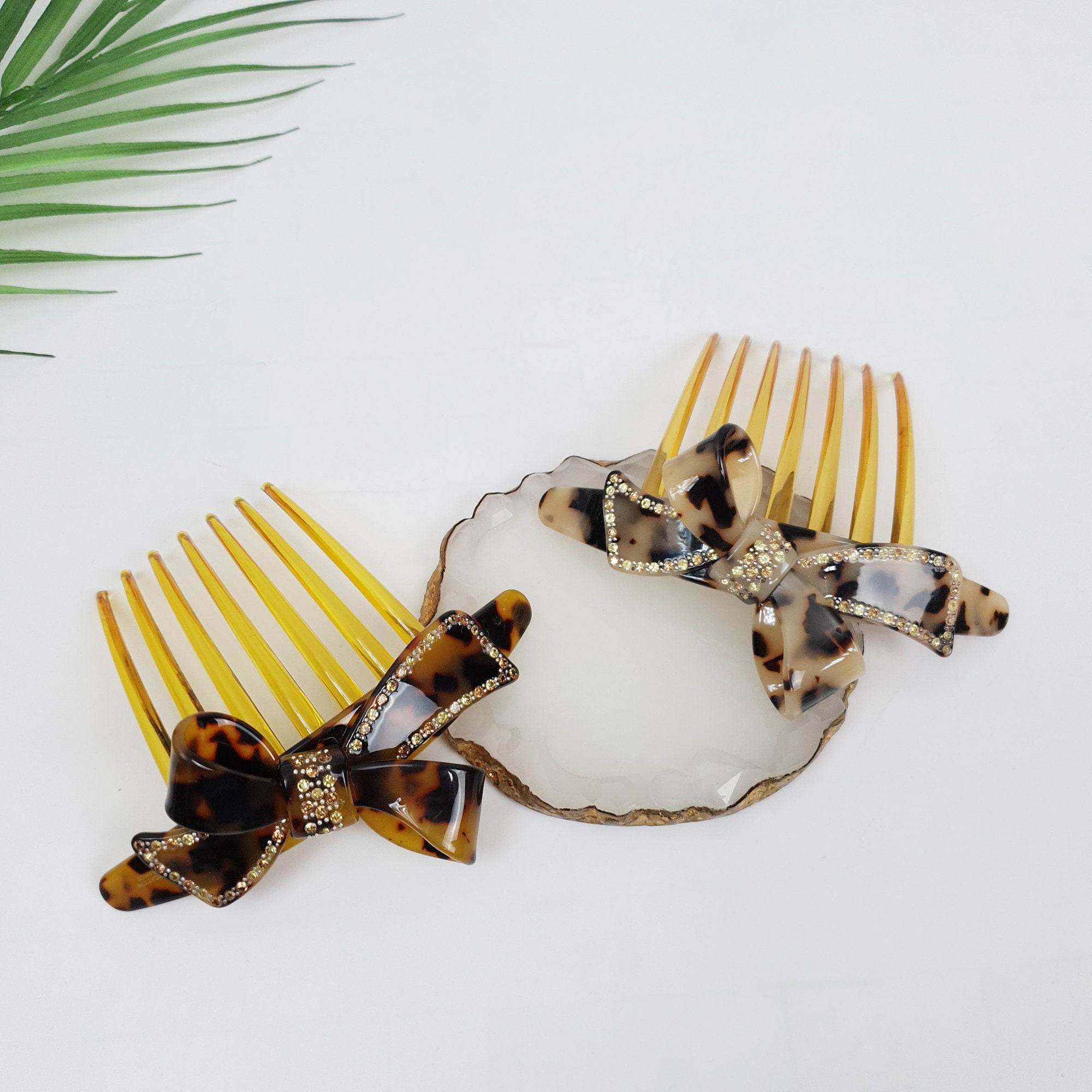 Leopard Big Double Ribbon Long Leg Nonslip Hair Comb Pin / Tortoise Marble French Hair Pin with Cubic Stone / Hair Fork for Woman
