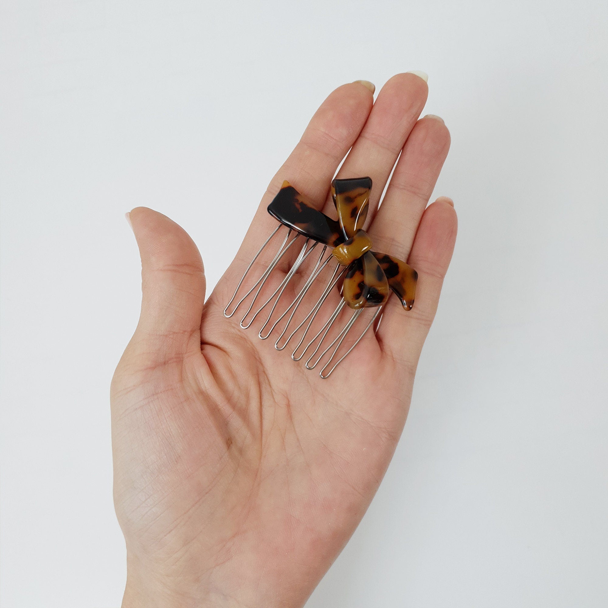 Tortoise Shell Double Ribbon Hair Comb Pin / Cute French Hair Pin / Hair Fork for Woman / French Barrette for Girls