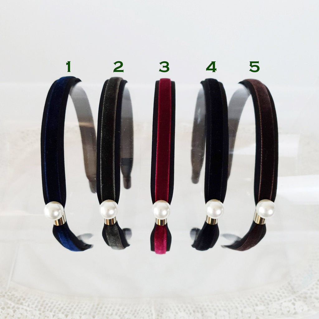Black Velvet Pearl Headband, Simple Pearl Alice Band, White Ivory Pearl Headpiece for Woman, Handmade Head Wrap, Narrow Classic Headband