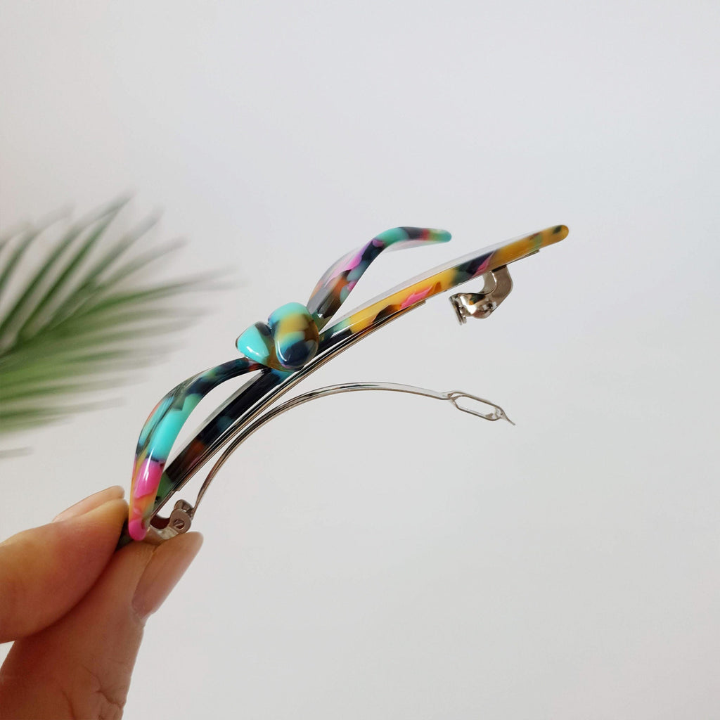 Leopard Double Wave Ribbon Hair Barrette / Tortoise Marble French Hair Pin / Hair Accessory for Woman / Automatic Hair Clip