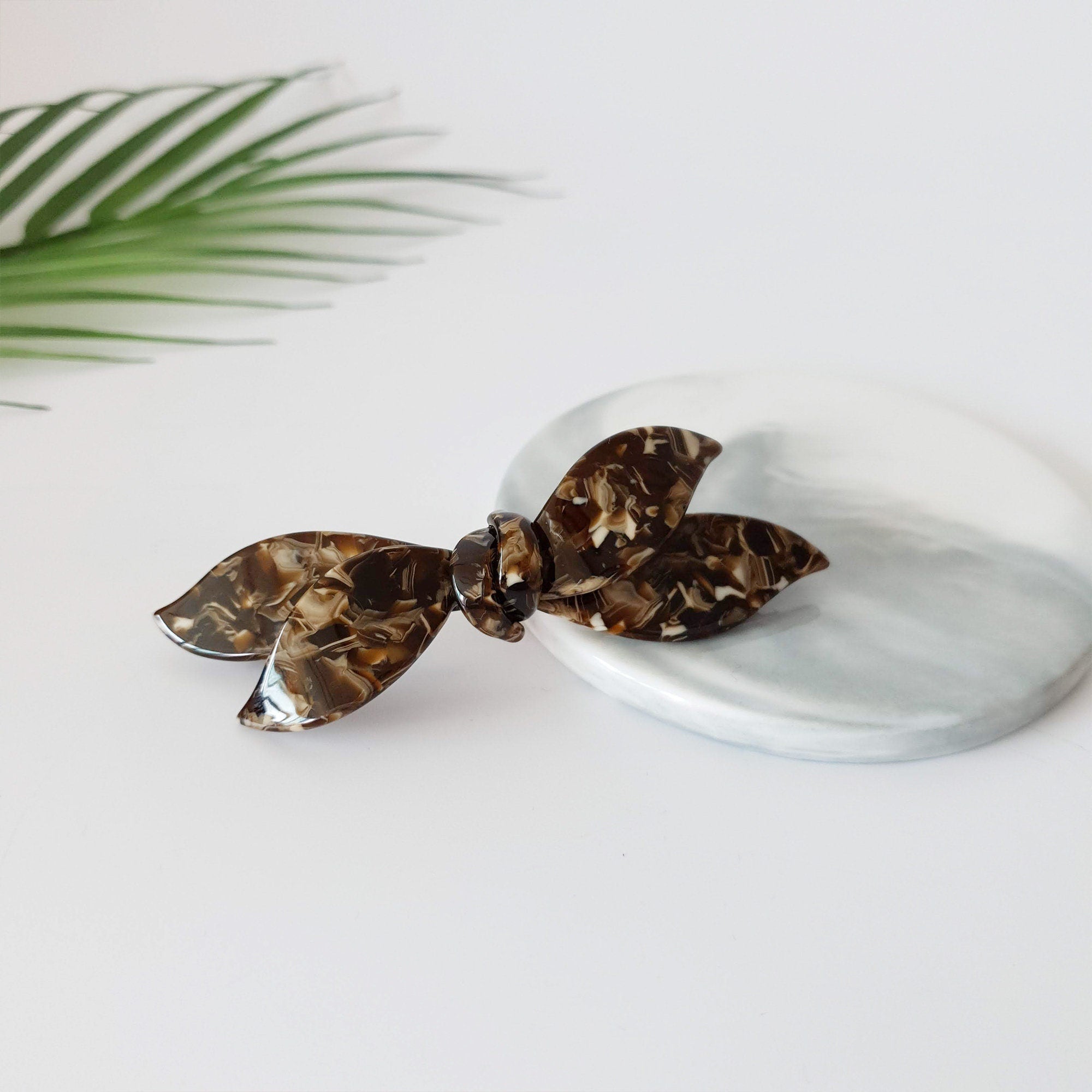 Leopard Double Wave Ribbon Hair Barrette / Tortoise Marble French Hair Pin / Hair Accessory for Woman / Automatic Hair Clip