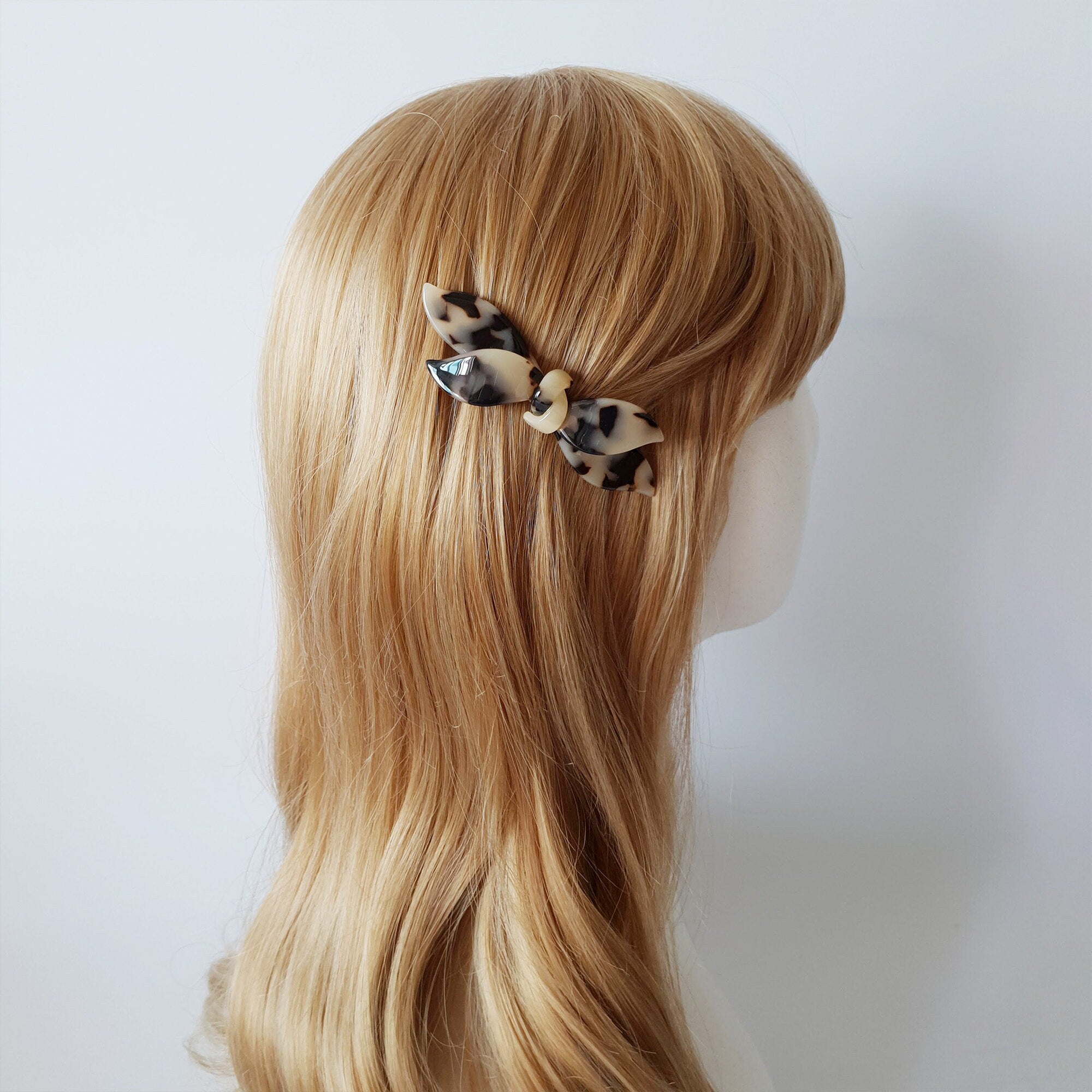 Leopard Double Wave Ribbon Hair Barrette / Tortoise Marble French Hair Pin / Hair Accessory for Woman / Automatic Hair Clip