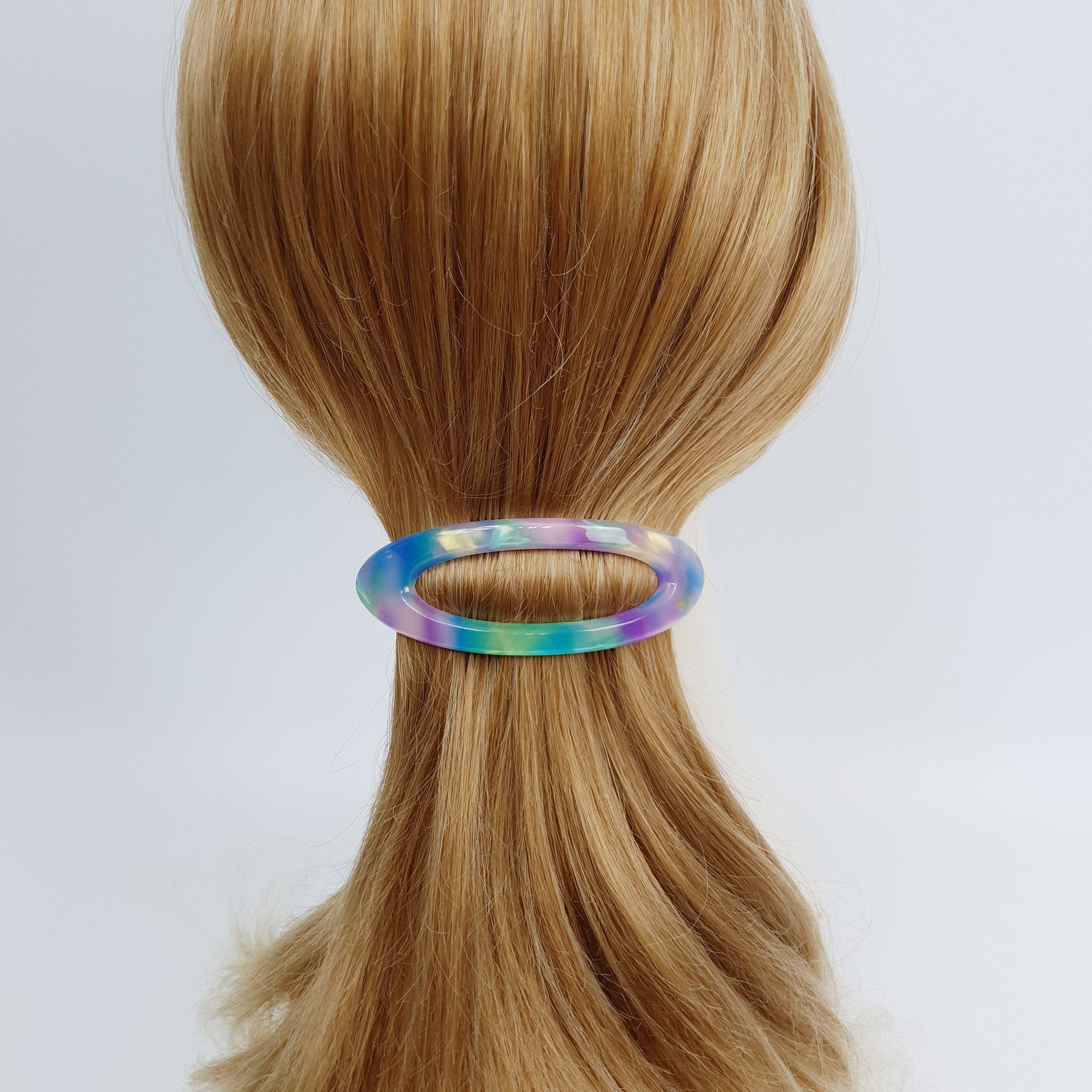 Oval cellulose acetate automatic hair clip in tortoise shell and aurora. Bold geometric barrette for ponytail holder. Korean hair accessories gift.