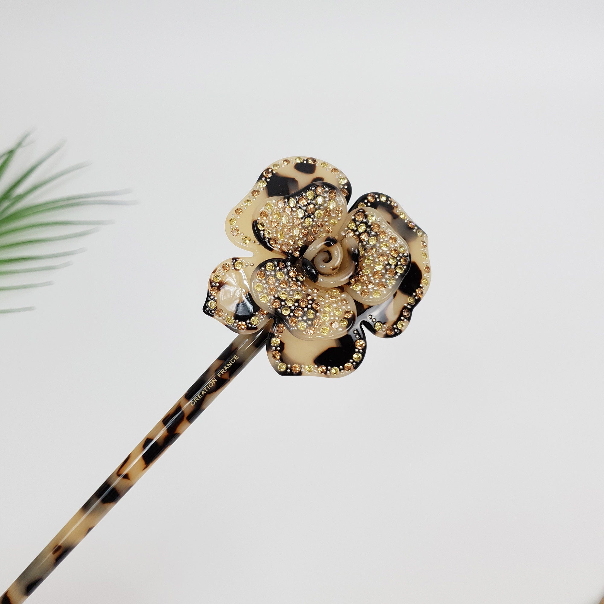 Rose Floral Long Hair Stick (8.0 Inch) / Leopard French Hair Pin with Cubic Stone / Hair Fork for Thick Hair / Flower Hair Pin
