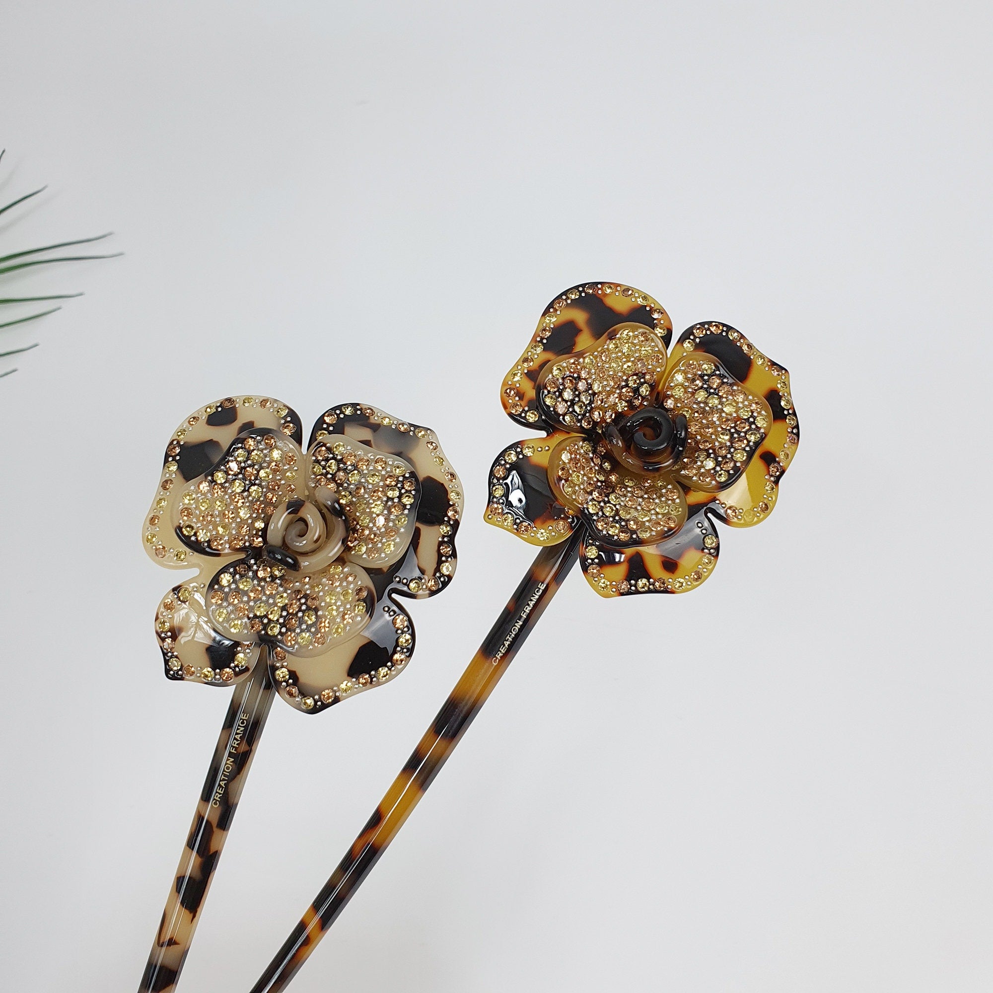 Rose Floral Long Hair Stick (8.0 Inch) / Leopard French Hair Pin with Cubic Stone / Hair Fork for Thick Hair / Flower Hair Pin