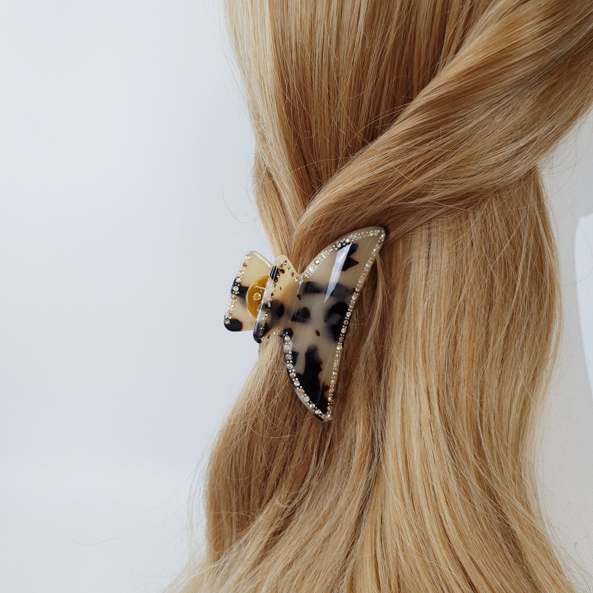 Tortoise Shell Half Moon Shape Hair Claw Clip with Cubic / Luxurious Cellulose French Hair Pin / Hair Barrette for Woman