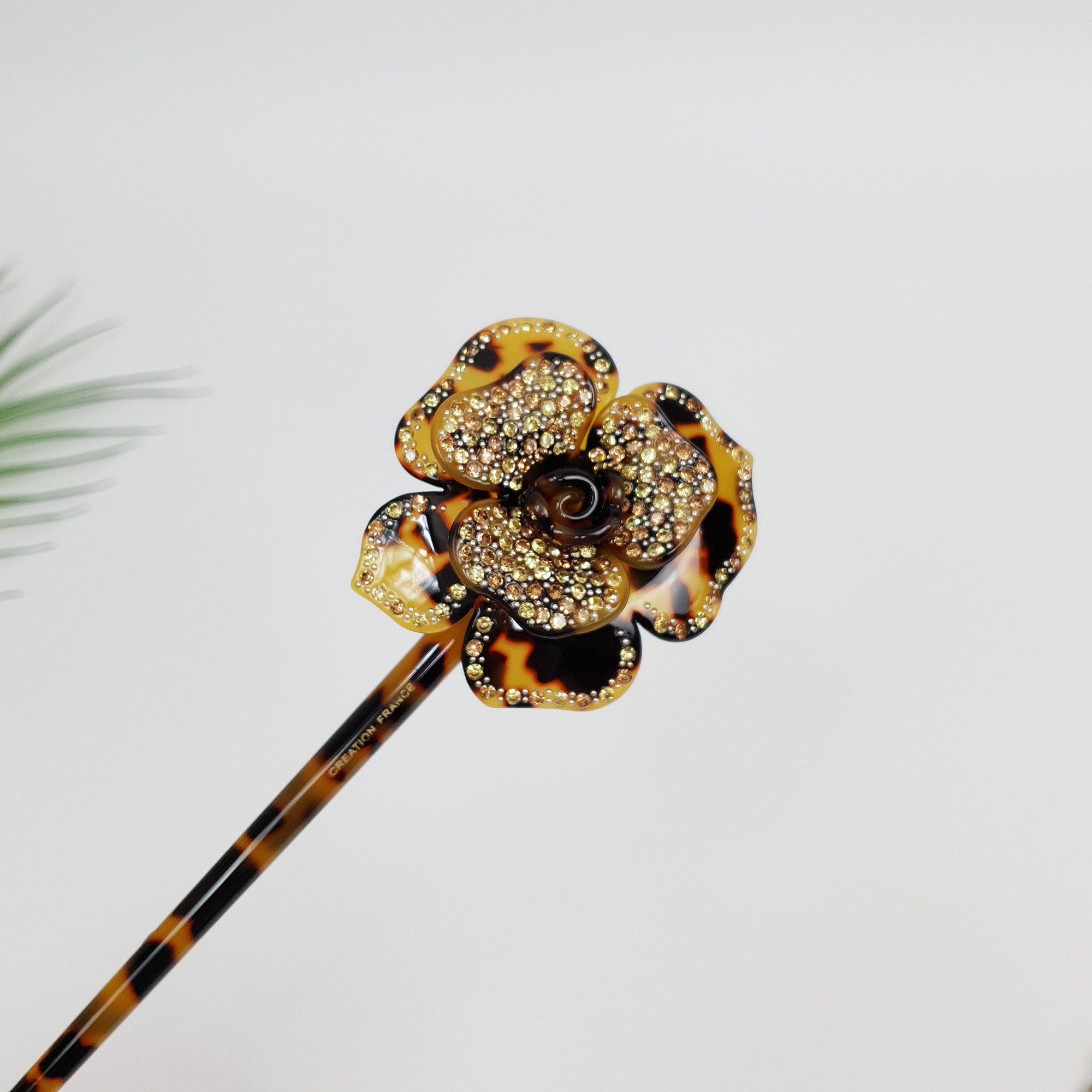 Rose Floral Long Hair Stick (8.0 Inch) / Leopard French Hair Pin with Cubic Stone / Hair Fork for Thick Hair / Flower Hair Pin