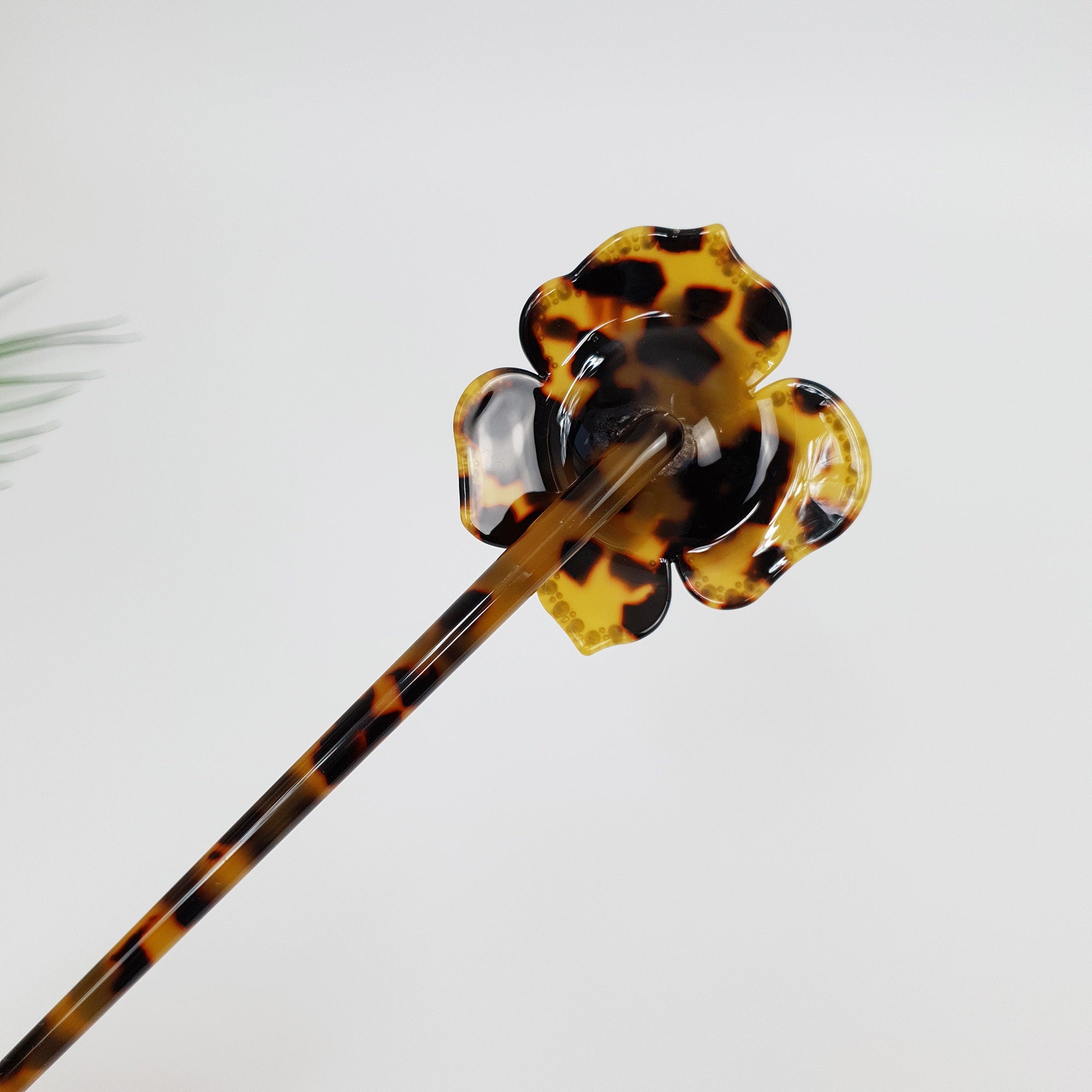 Rose Floral Long Hair Stick (8.0 Inch) / Leopard French Hair Pin with Cubic Stone / Hair Fork for Thick Hair / Flower Hair Pin