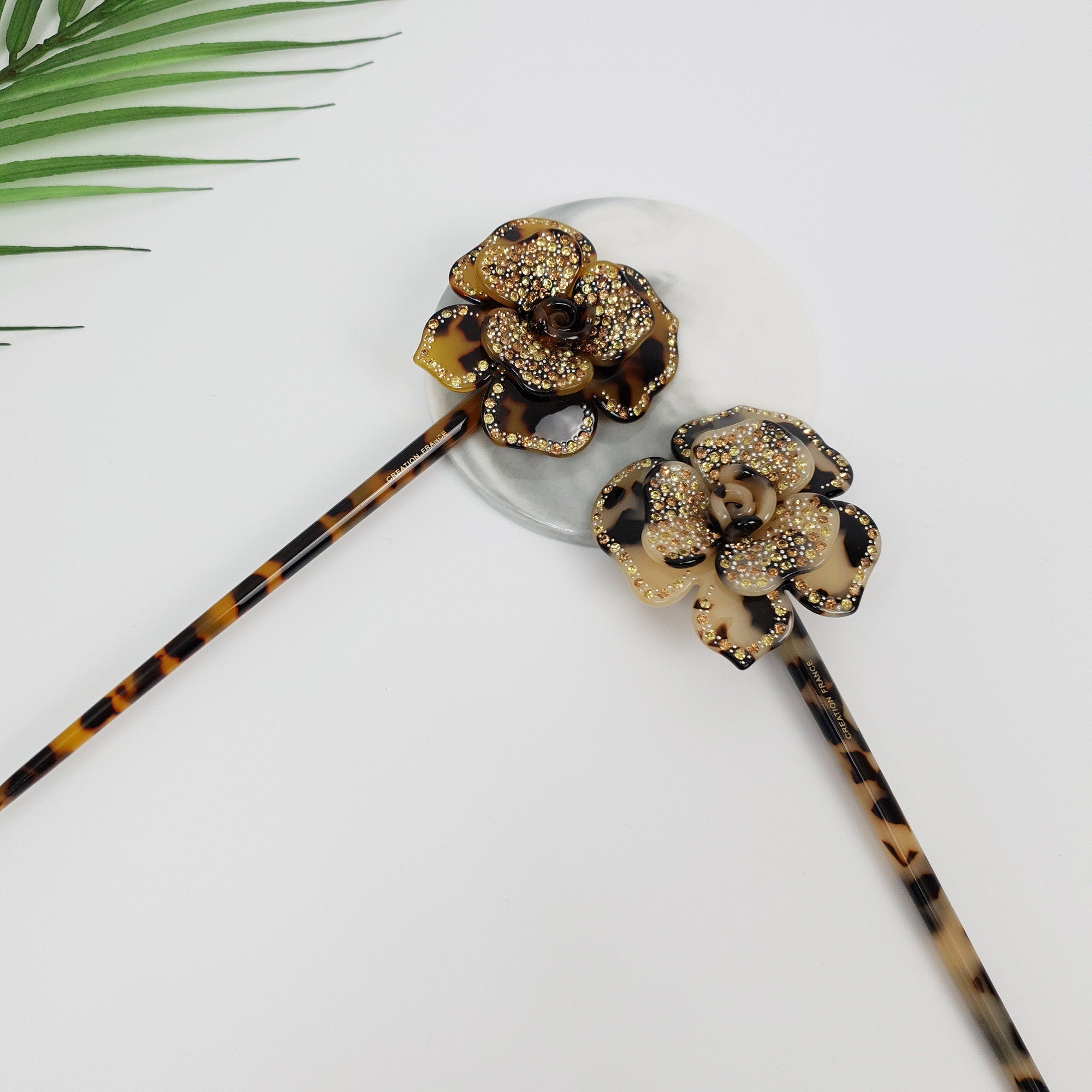 Rose Floral Long Hair Stick (8.0 Inch) / Leopard French Hair Pin with Cubic Stone / Hair Fork for Thick Hair / Flower Hair Pin