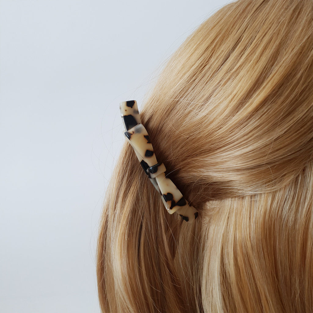 Double Bow Ribbon Small Hair Barrette / Tortoise Shell French Hair Pin / Banana Clip for Woman / Automatic Hair Clip