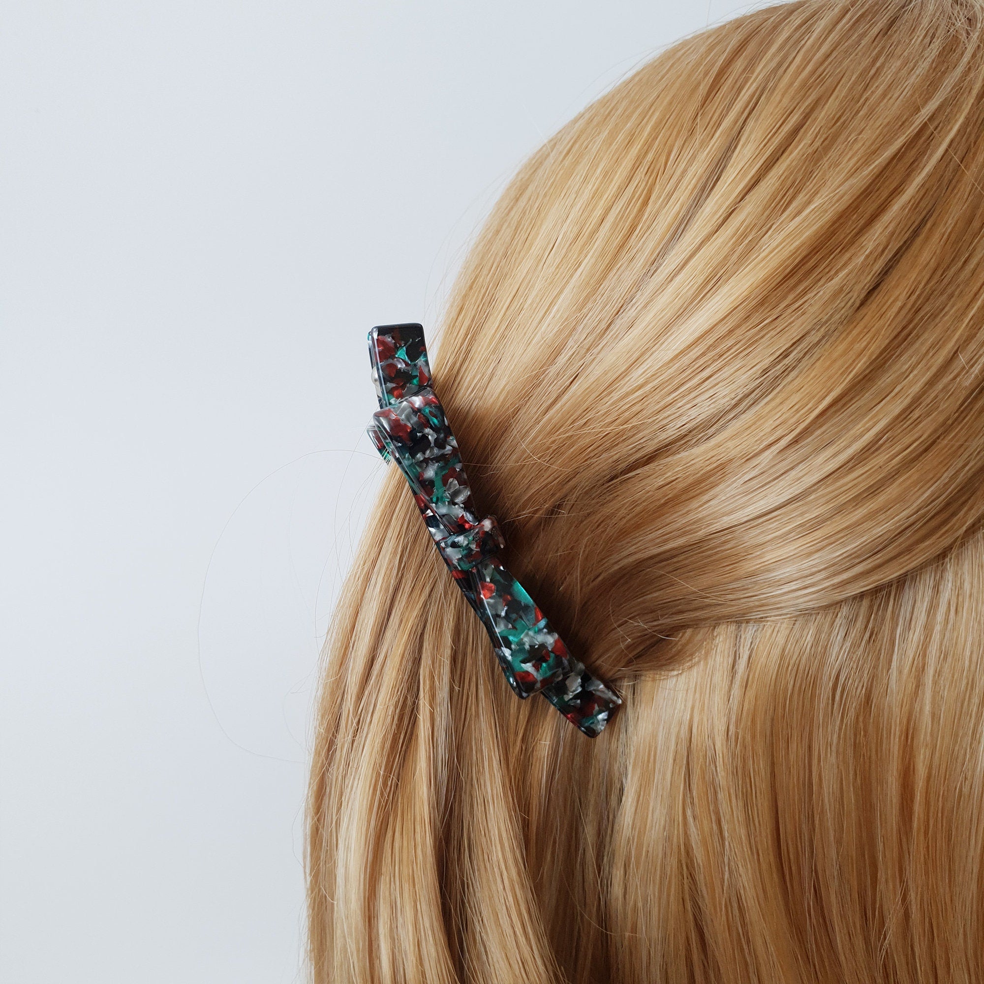 Double Bow Ribbon Small Hair Barrette / Tortoise Shell French Hair Pin / Banana Clip for Woman / Automatic Hair Clip