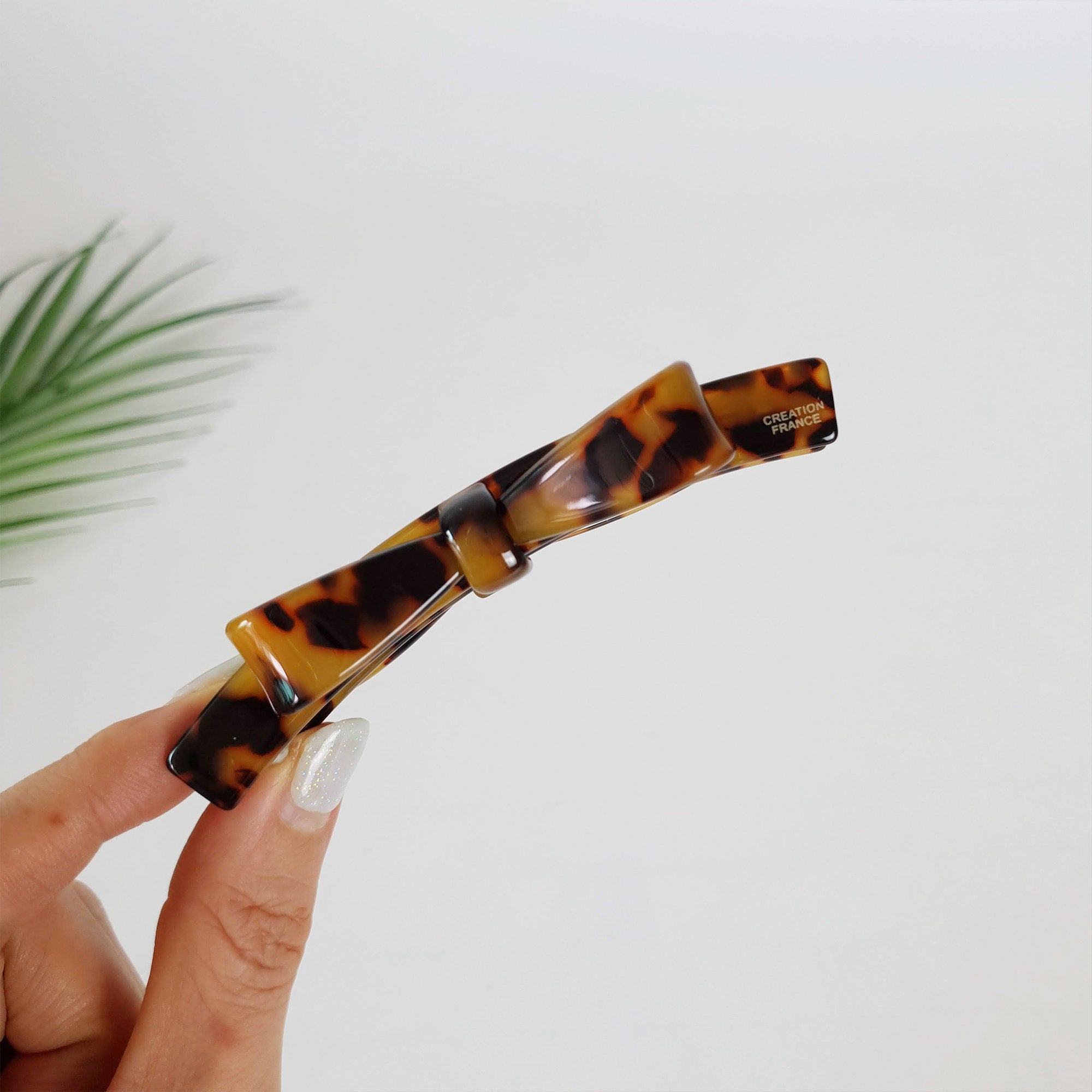 Double Bow Ribbon Small Hair Barrette / Tortoise Shell French Hair Pin / Banana Clip for Woman / Automatic Hair Clip