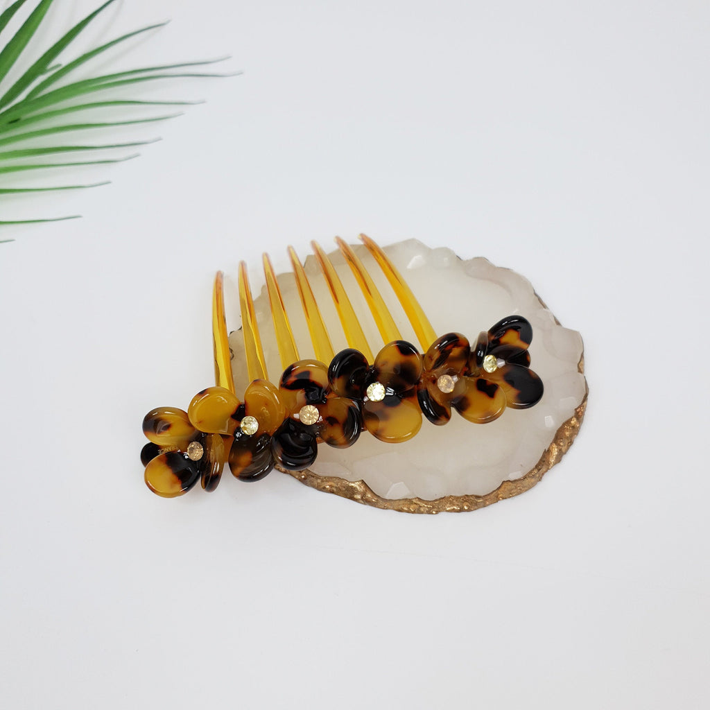 Leopard Flower Garden Non-slip Hair Comb Pin / Tortoise Shell French Hair Pin with Cubic Stone / Hair Fork for Woman