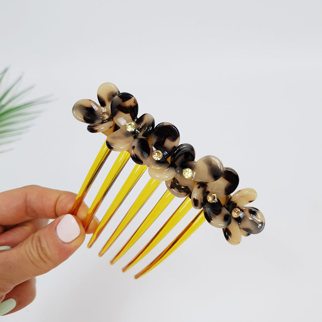 Leopard Flower Garden Non-slip Hair Comb Pin / Tortoise Shell French Hair Pin with Cubic Stone / Hair Fork for Woman