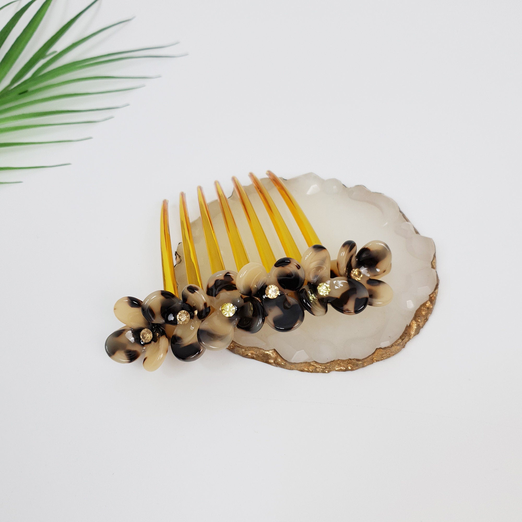 Leopard Flower Garden Non-slip Hair Comb Pin / Tortoise Shell French Hair Pin with Cubic Stone / Hair Fork for Woman