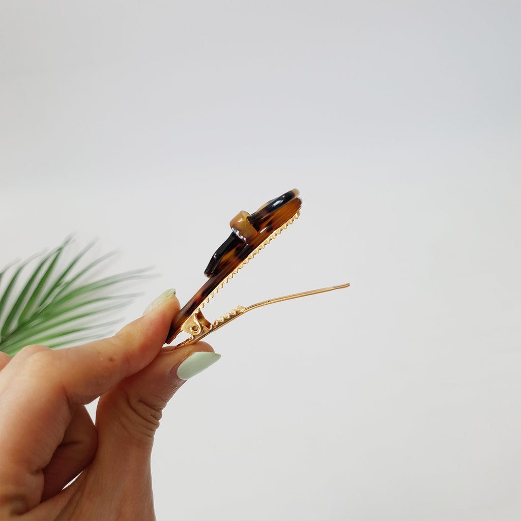 Leopard Marble Fancy Ribbon Small Hair Clip (2.6 Inch) / Tortoise Shell Mini French Hair Pin / Alligator Hair Clip for Woman