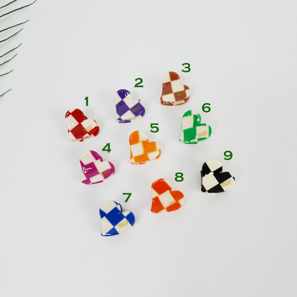 Heart Shape Checker Hair Claw (1.0 Inch) / Mini Hair Clips for Girls / Small French Hair Pin / Hair Barrette for Woman