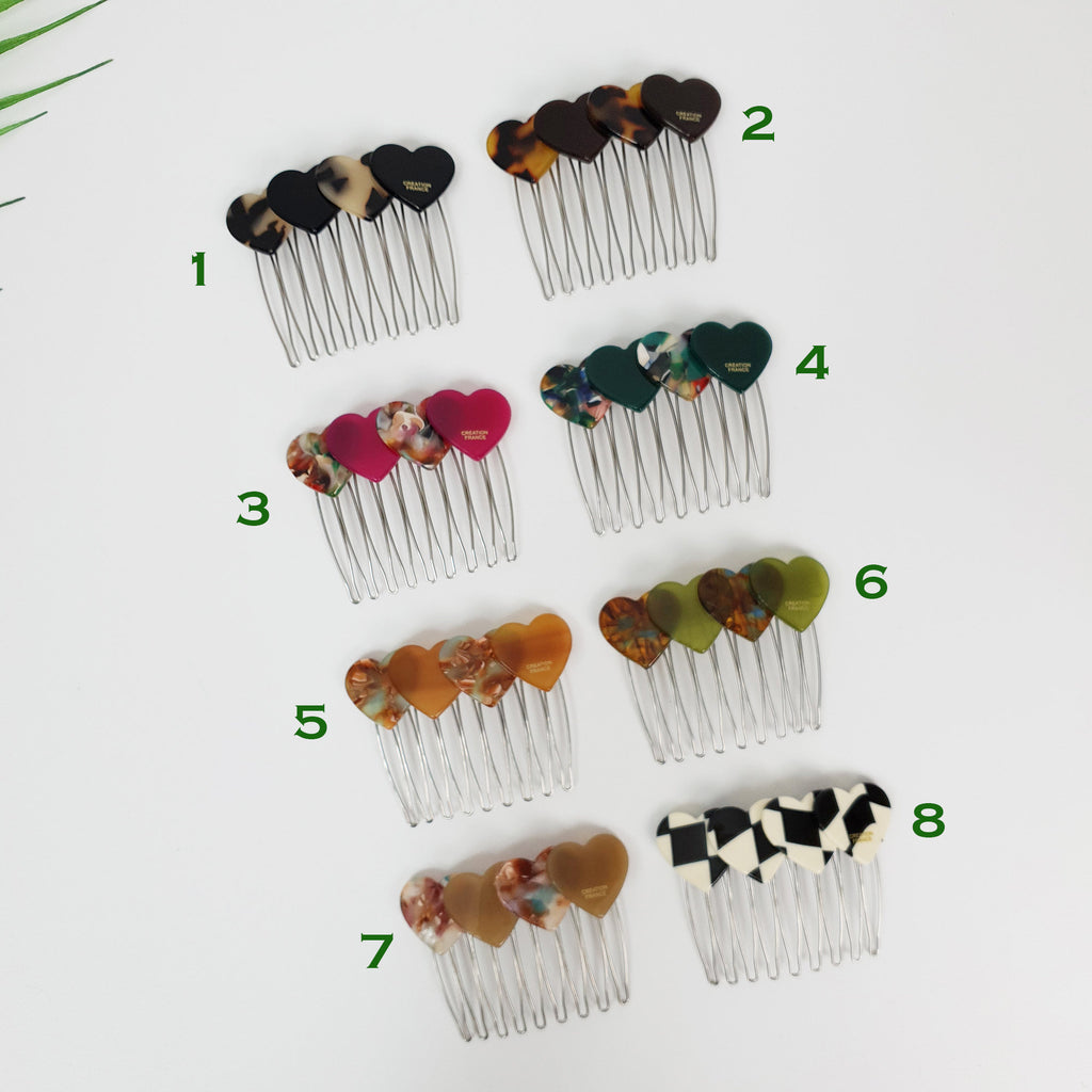 Marble Double Heart Comb Pin with Cubic / Tortoise Shell Hair Pin / Hair Fork for Woman