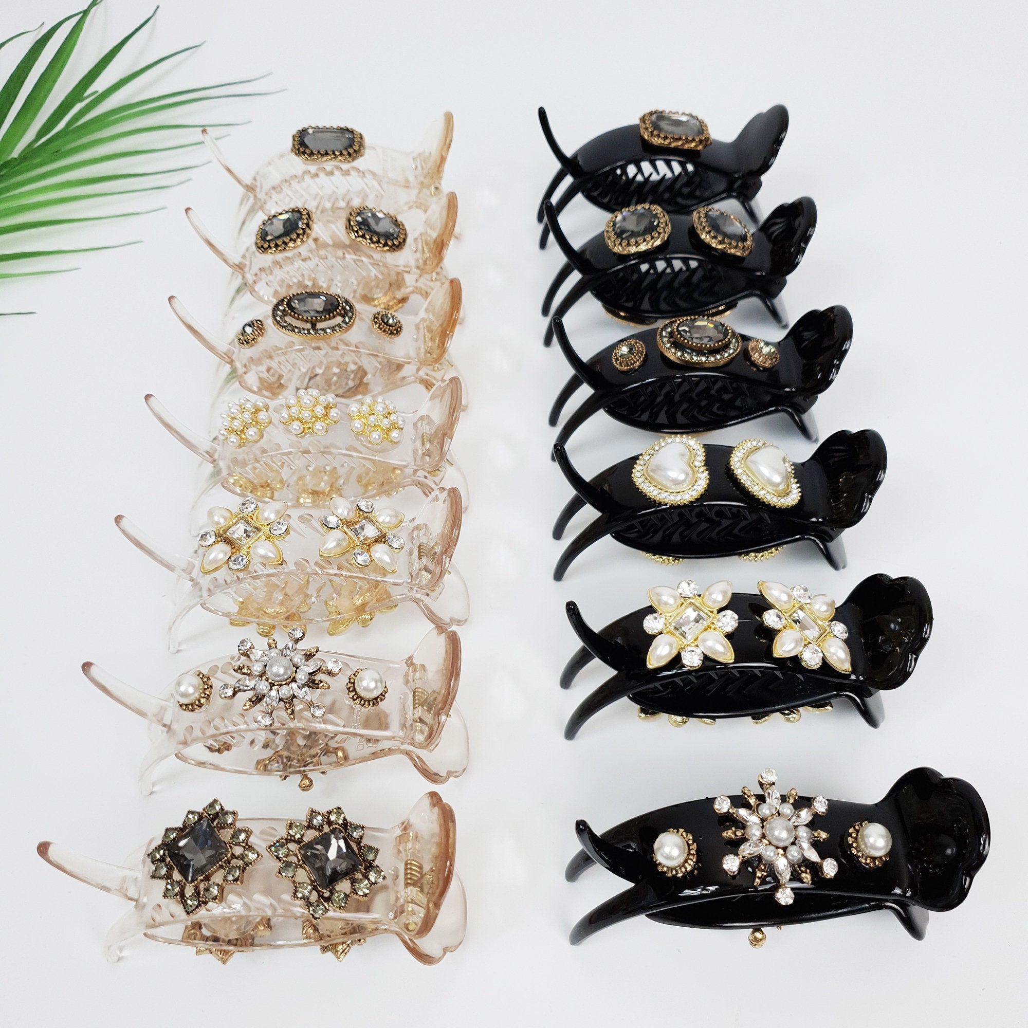 Round cellulose acetate hair claw clip with pearls and dark cubic zirconia. Antique style bun holder for weddings and formal events.