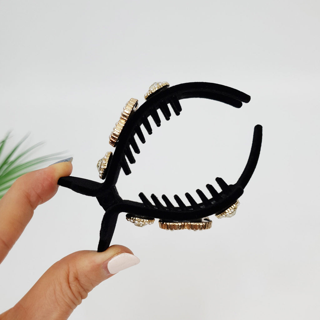 Velvet Pearl Dark Cubic Hair Clip / Simple Round Ponytail Holder / Hair Barrette for Woman / Pearl Hair Clip