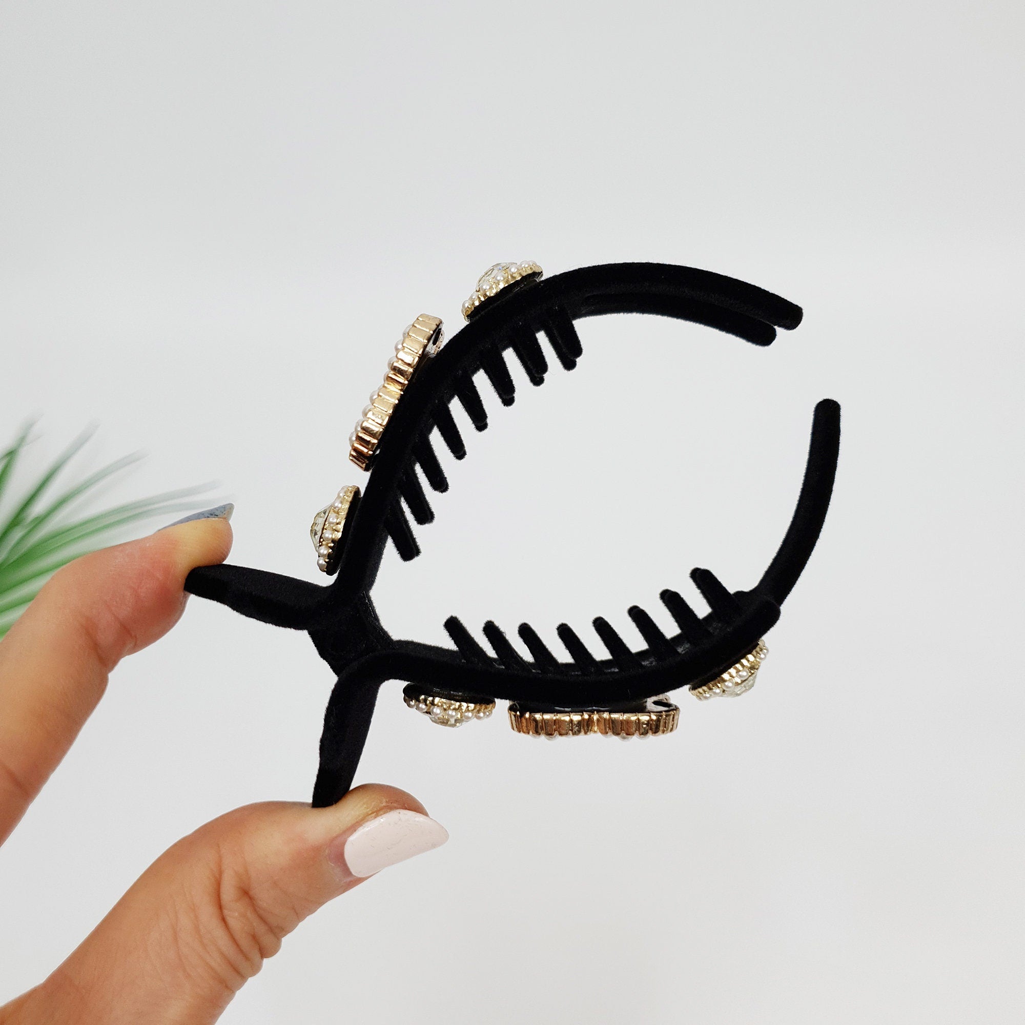 Velvet Pearl Dark Cubic Hair Clip / Simple Round Ponytail Holder / Hair Barrette for Woman / Pearl Hair Clip