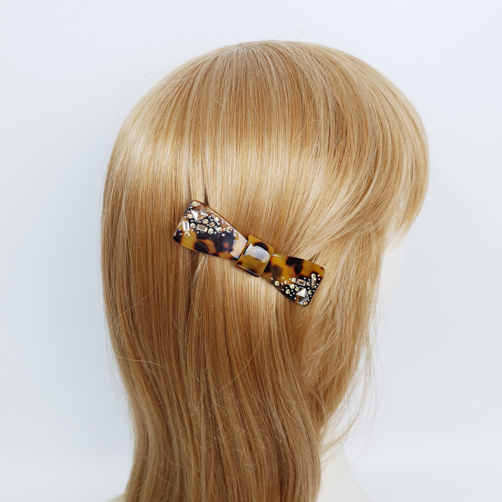 Leopard Bow Tie Hair Barrette with Cubic Stone / Tortoise Shell French Hair Pin / Hair Accessory for Woman / Automatic Hair Clip