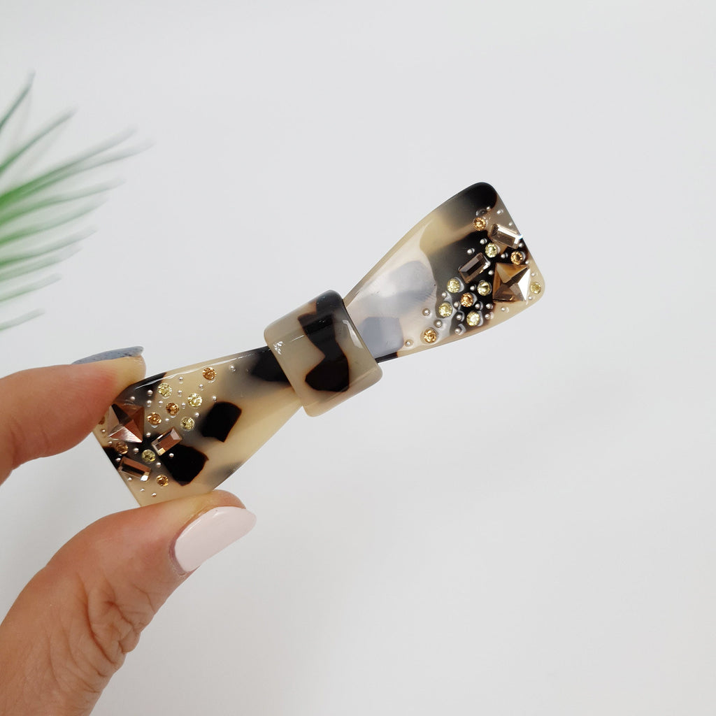 Leopard Bow Tie Hair Barrette with Cubic Stone / Tortoise Shell French Hair Pin / Hair Accessory for Woman / Automatic Hair Clip