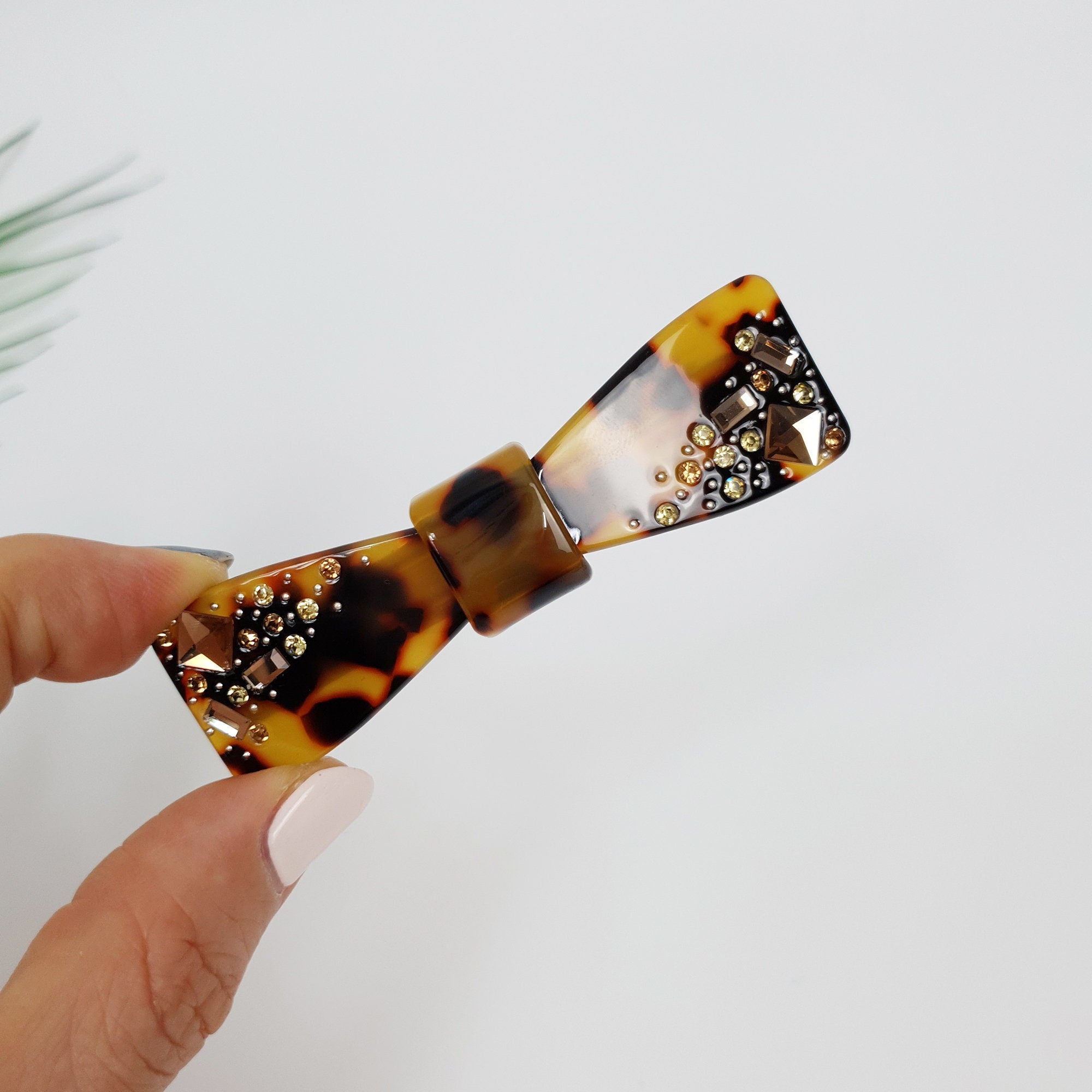 Leopard Bow Tie Hair Barrette with Cubic Stone / Tortoise Shell French Hair Pin / Hair Accessory for Woman / Automatic Hair Clip