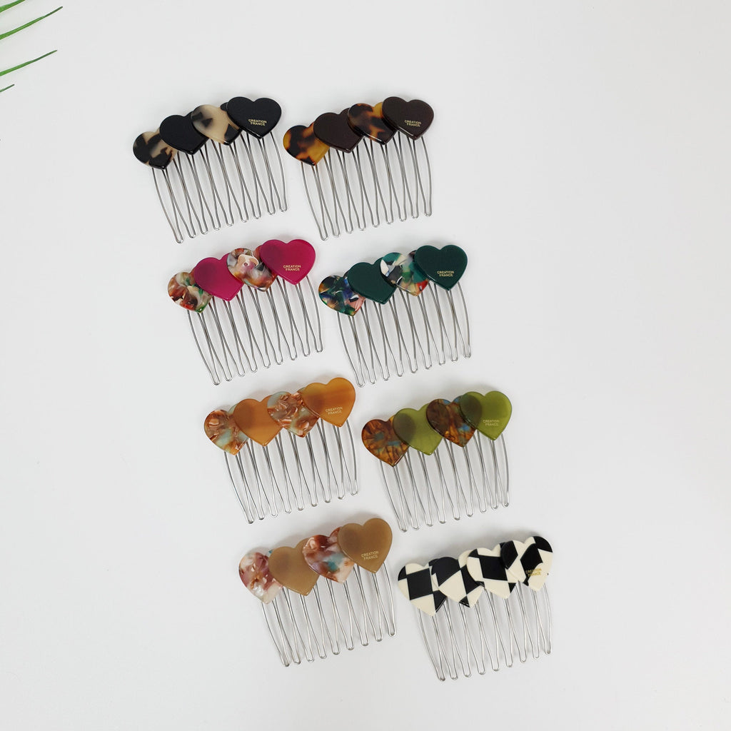 Marble Double Heart Comb Pin with Cubic / Tortoise Shell Hair Pin / Hair Fork for Woman