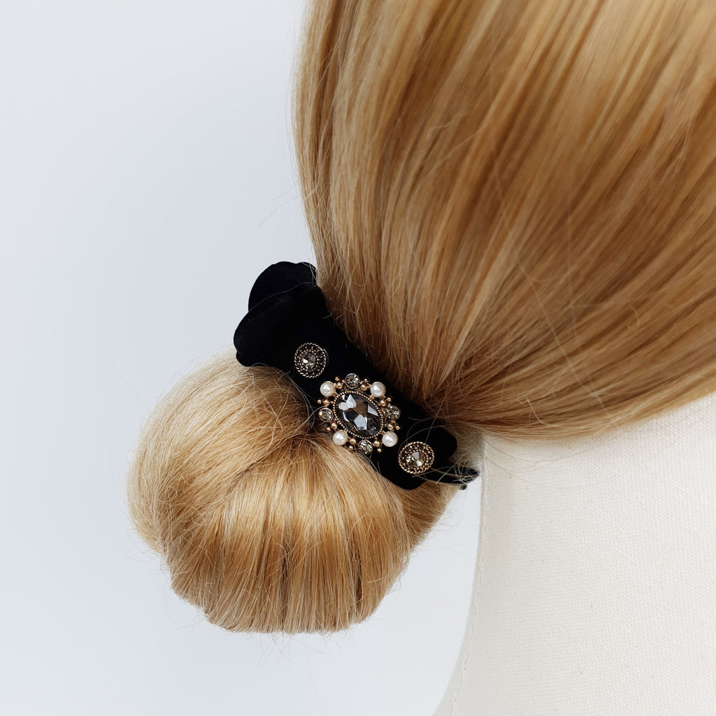 Velvet Pearl Dark Cubic Hair Clip / Simple Round Ponytail Holder / Hair Barrette for Woman / Pearl Hair Clip