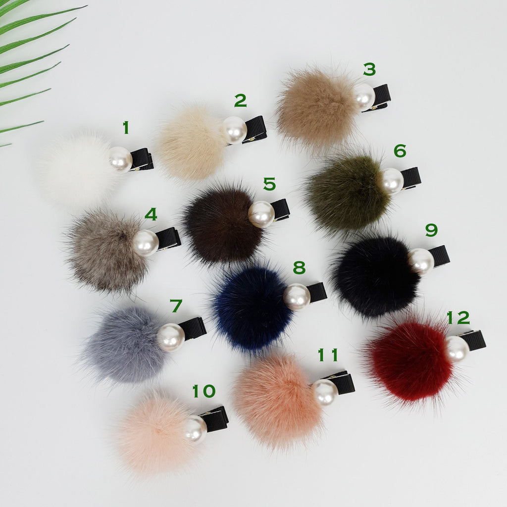 Cream Pearl Real Mink Ball Hair Claw Clip / Cute Colorful Hair Pin / Alligator Hair Clip for Woman