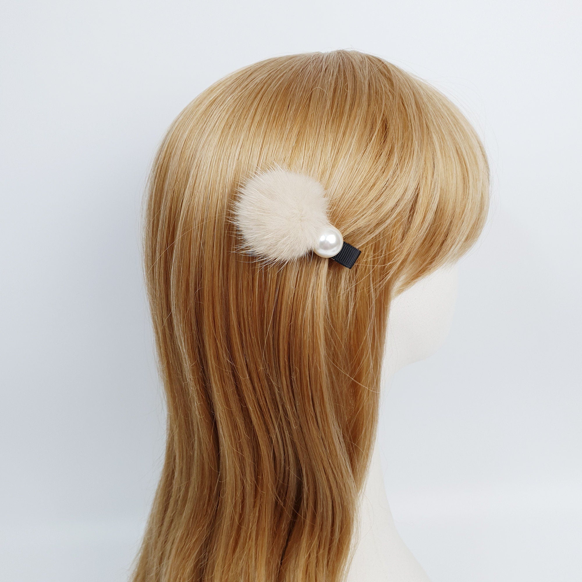 Cream Pearl Real Mink Ball Hair Claw Clip / Cute Colorful Hair Pin / Alligator Hair Clip for Woman