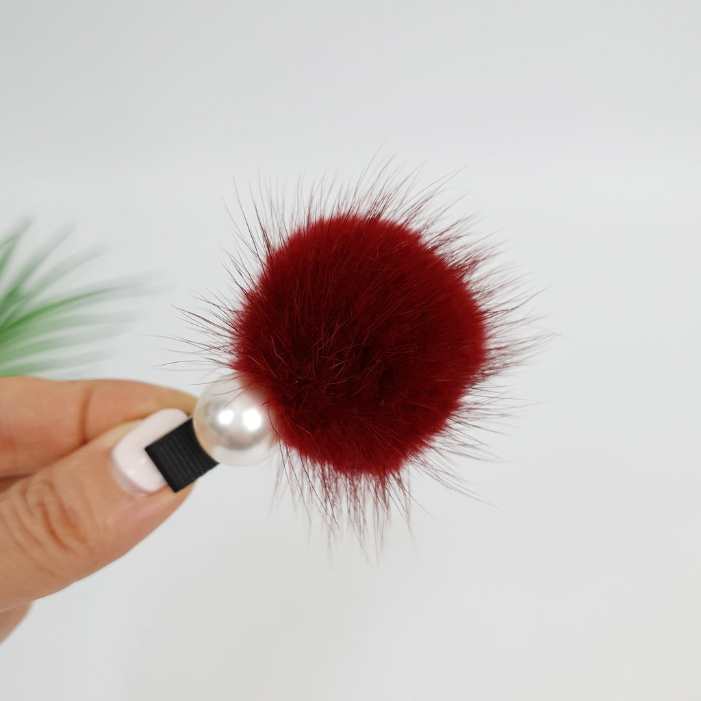 Cream Pearl Real Mink Ball Hair Claw Clip / Cute Colorful Hair Pin / Alligator Hair Clip for Woman