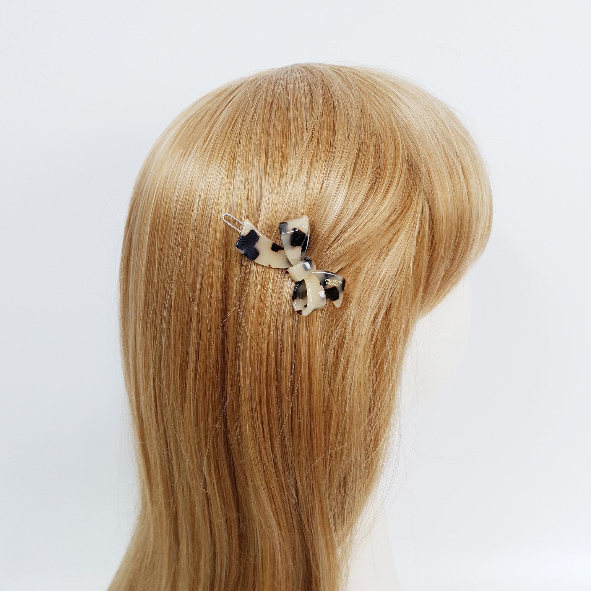 Leopard Marble Mini Double Ribbon Bobby Pin (2.2 Inch) / Tortoise Marble French Hair Pin Clip / Hair Accessory for Woman / Bow Barrette